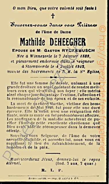Mathilde Deheegher pouse de Gaston Ryckebusch, dcde  Steenvoorde, le 4 Juillet 1942.